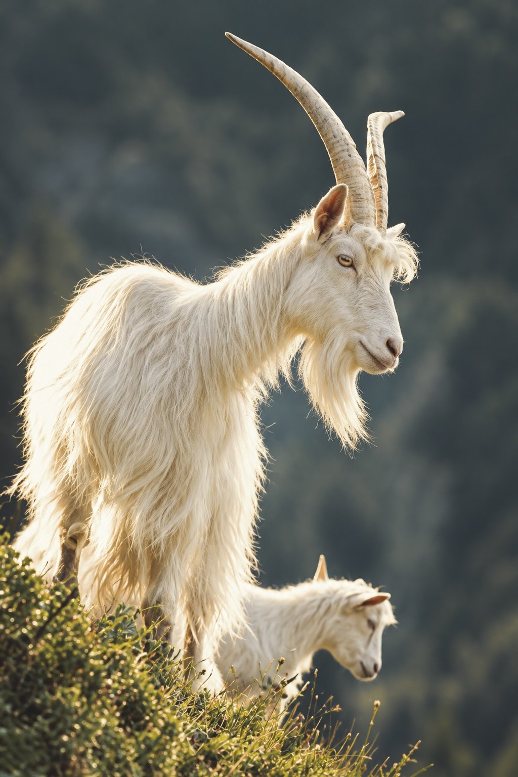 A Himalayan Chyangra goat and its kid on a high mountain slope