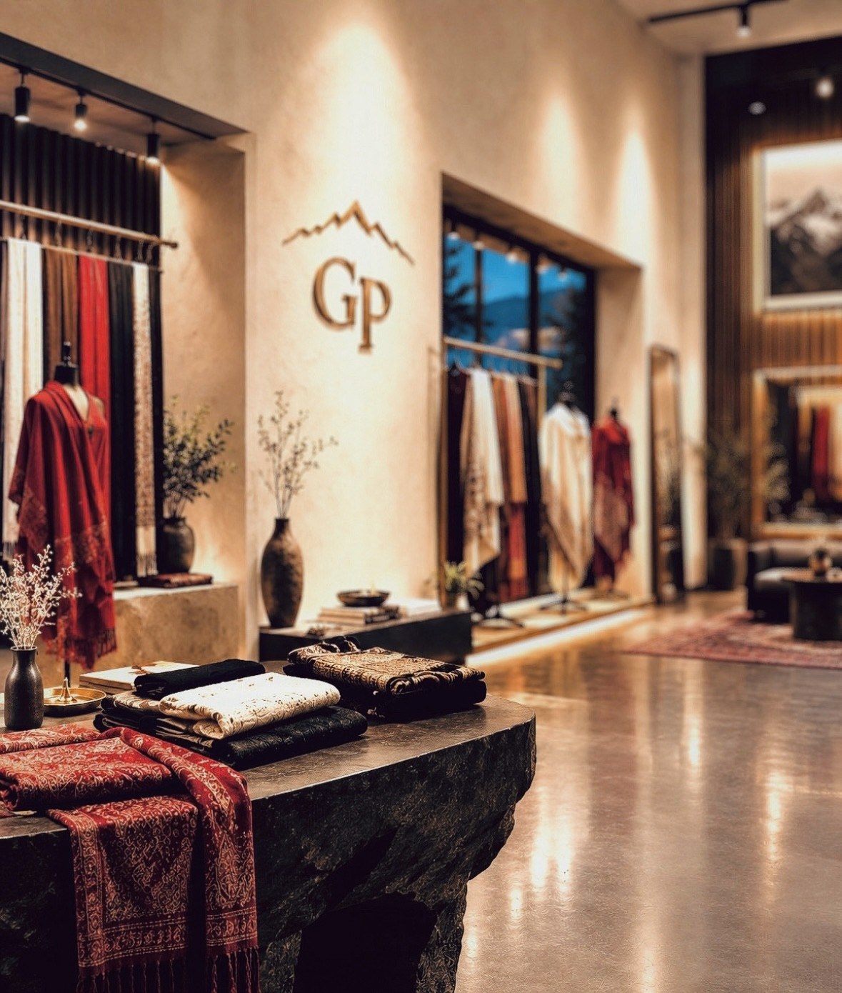 The Ganadeep Pashmina boutique: shawls draped over a stone counter beneath the GP mark